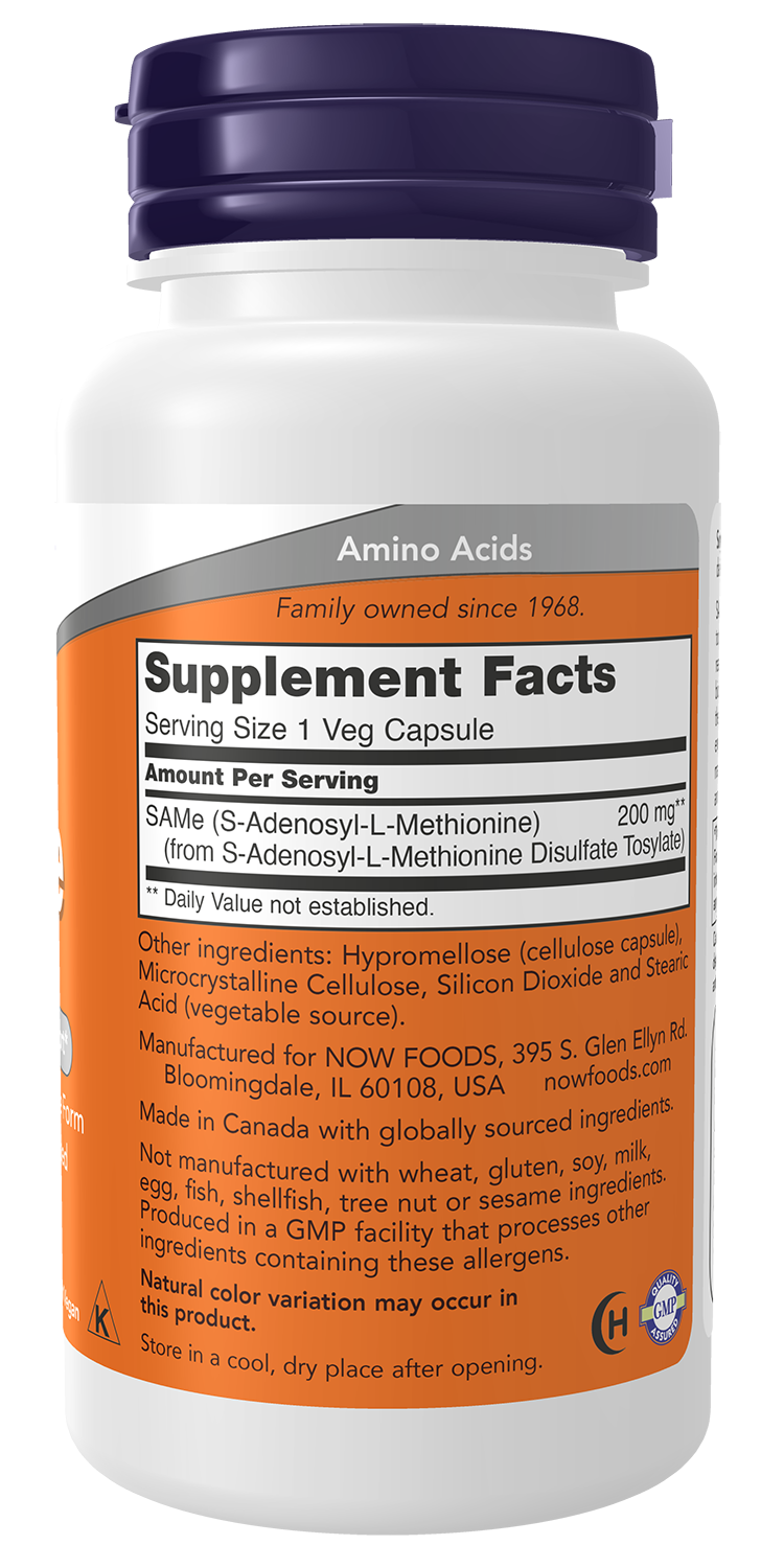 NOW Supplements, SAMe 200 mg, Nervous System Support*, 60 Veg Caps
