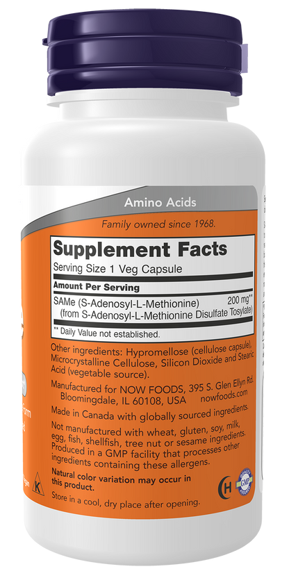 NOW Supplements, SAMe 200 mg, Nervous System Support*, 60 Veg Caps