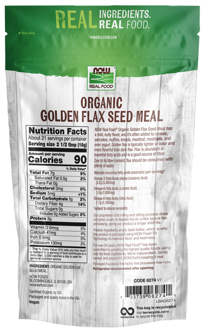 NOW Foods, Organic Golden Flax Seed Meal, Cold-Processed, 12 oz
