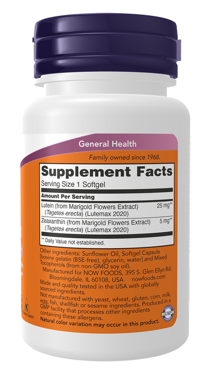 NOW Supplements, Lutein & Zeaxanthin with 25 mg and 5 mg, 60 Softgels