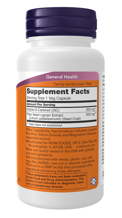 NOW Supplements, Indole-3-Carbinol 200 mg, Flax Lignan Extract, 60 Veg Caps