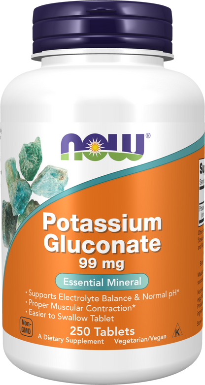 NOW Supplements, Potassium Gluconate 99mg, Easier to Swallow, 250 Tabs