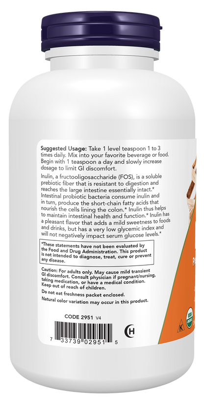 NOW Supplements, Inulin Prebiotic Pure Powder, Certified Organic, 1 lb
