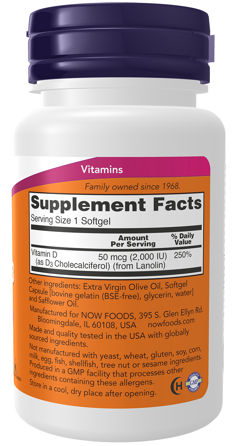 NOW Supplements, Vitamin D-3 2,000 IU, Structural Support*, 120 Softgels