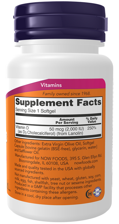 NOW Supplements, Vitamin D-3 2,000 IU, Structural Support*, 120 Softgels