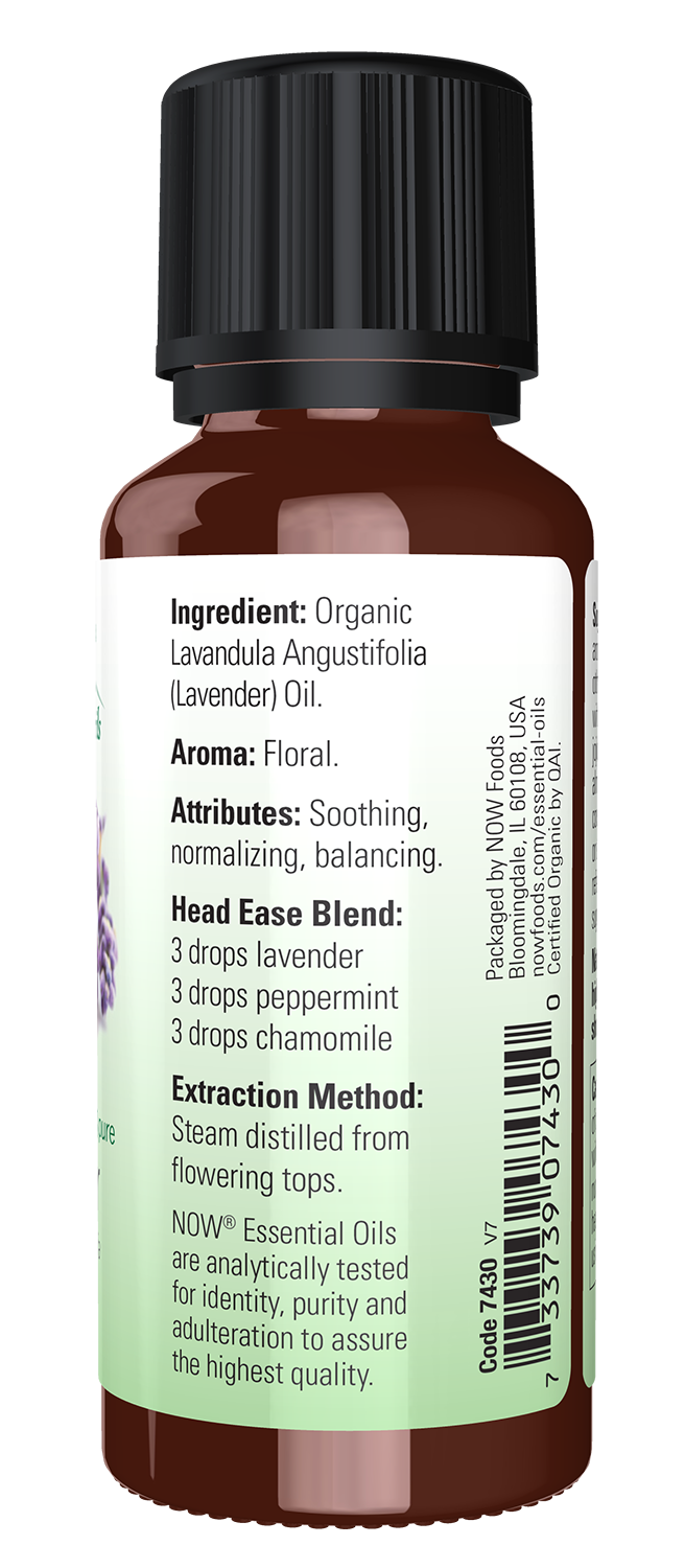 NOW Essential Oils, Organic Lavender Oil, Steam Dist., Undiluted, 1 fl. oz