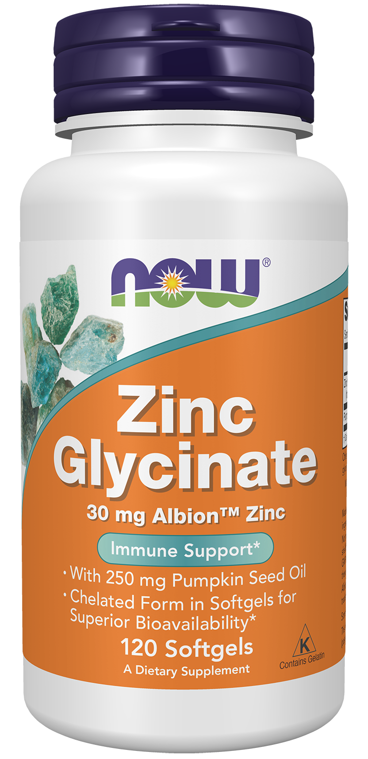 NOW Supplements, Zinc Glycinate with 250 mg Pumpkin Seed Oil, 120 Softgels
