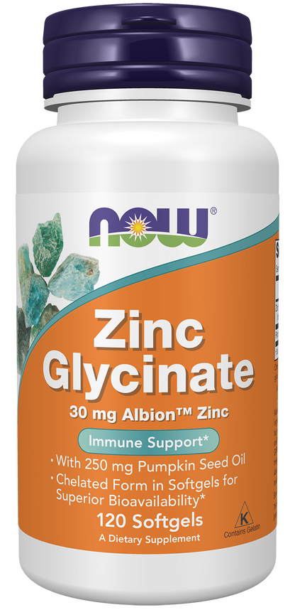 NOW Supplements, Zinc Glycinate with 250 mg Pumpkin Seed Oil, 120 Softgels