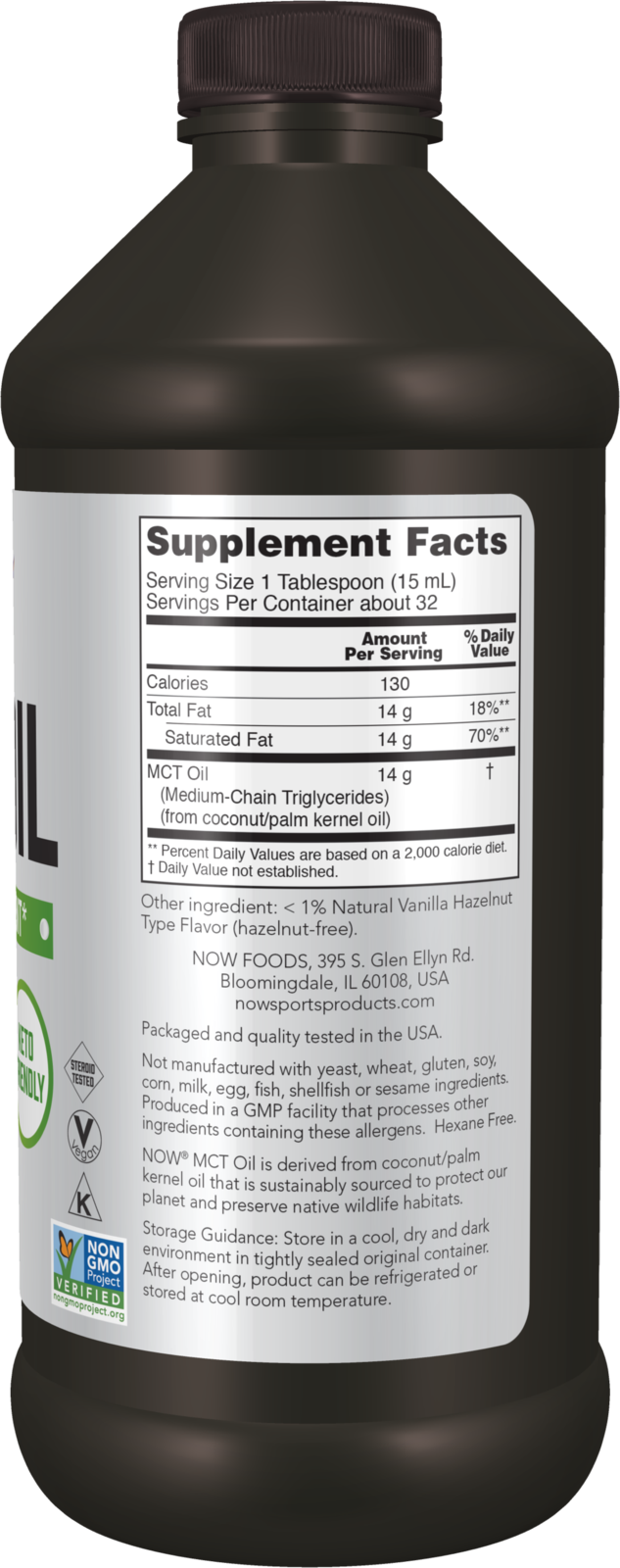 NOW Sports, MCT Oil, 14 g, Weight Management*, Vanilla Hazelnut, 16 fl. oz