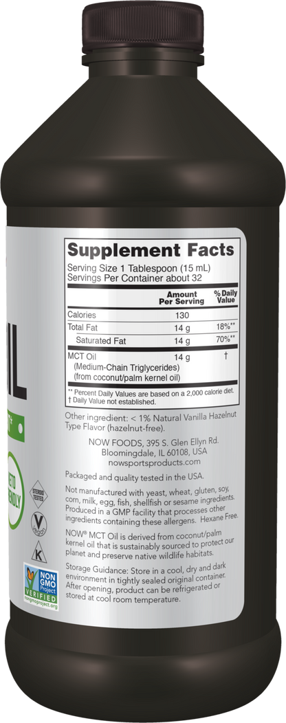 NOW Sports, MCT Oil, 14 g, Weight Management*, Vanilla Hazelnut, 16 fl. oz