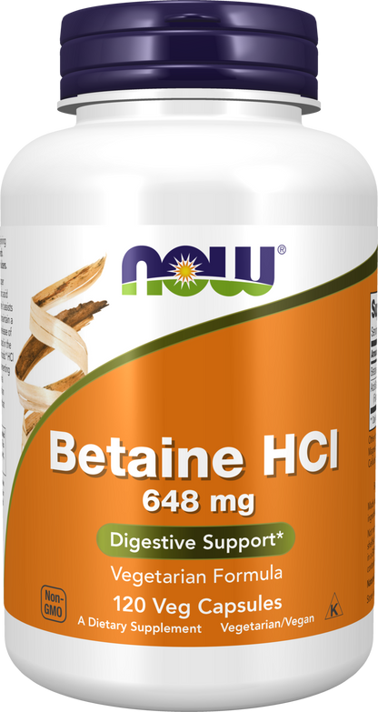 NOW Supplements, Betaine HCl 648 mg, Digestive Support*, 120 Veg Caps