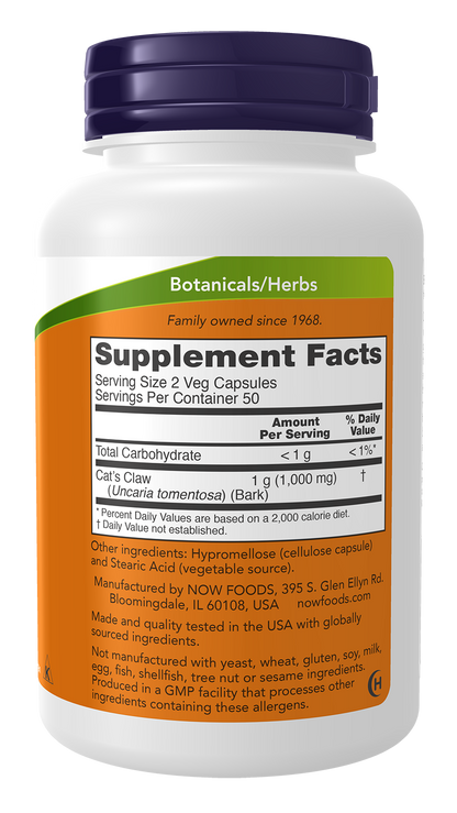 NOW Supplements, Cat's Claw  500 mg,Herbal Supplement, 100 Veg Caps
