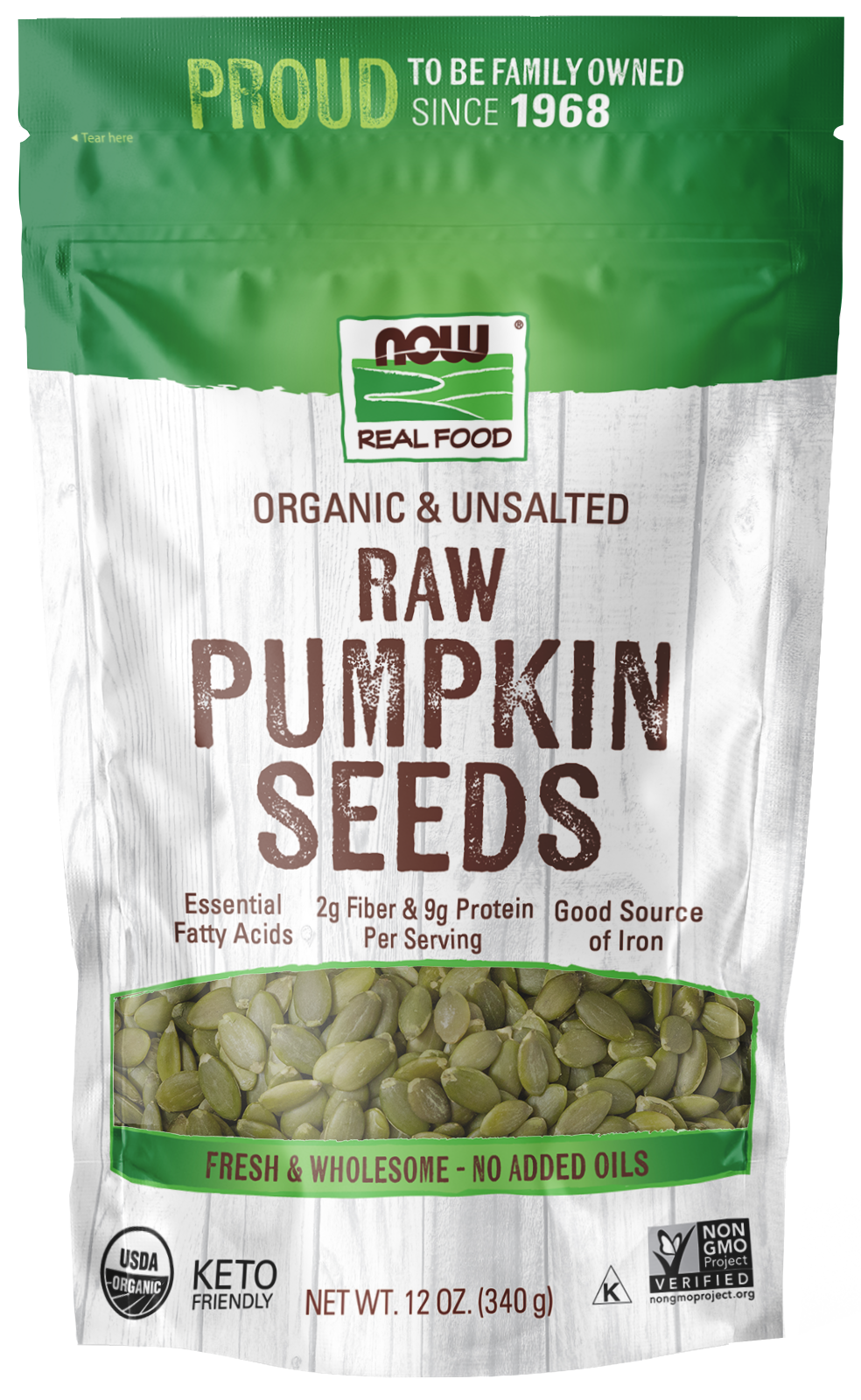 NOW Foods, Organic Pumpkin Seeds, Raw & Unsalted, Source of Iron, 12 oz