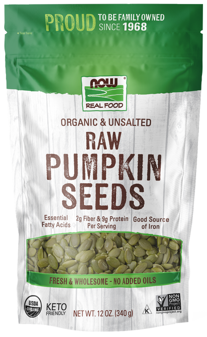 NOW Foods, Organic Pumpkin Seeds, Raw & Unsalted, Source of Iron, 12 oz