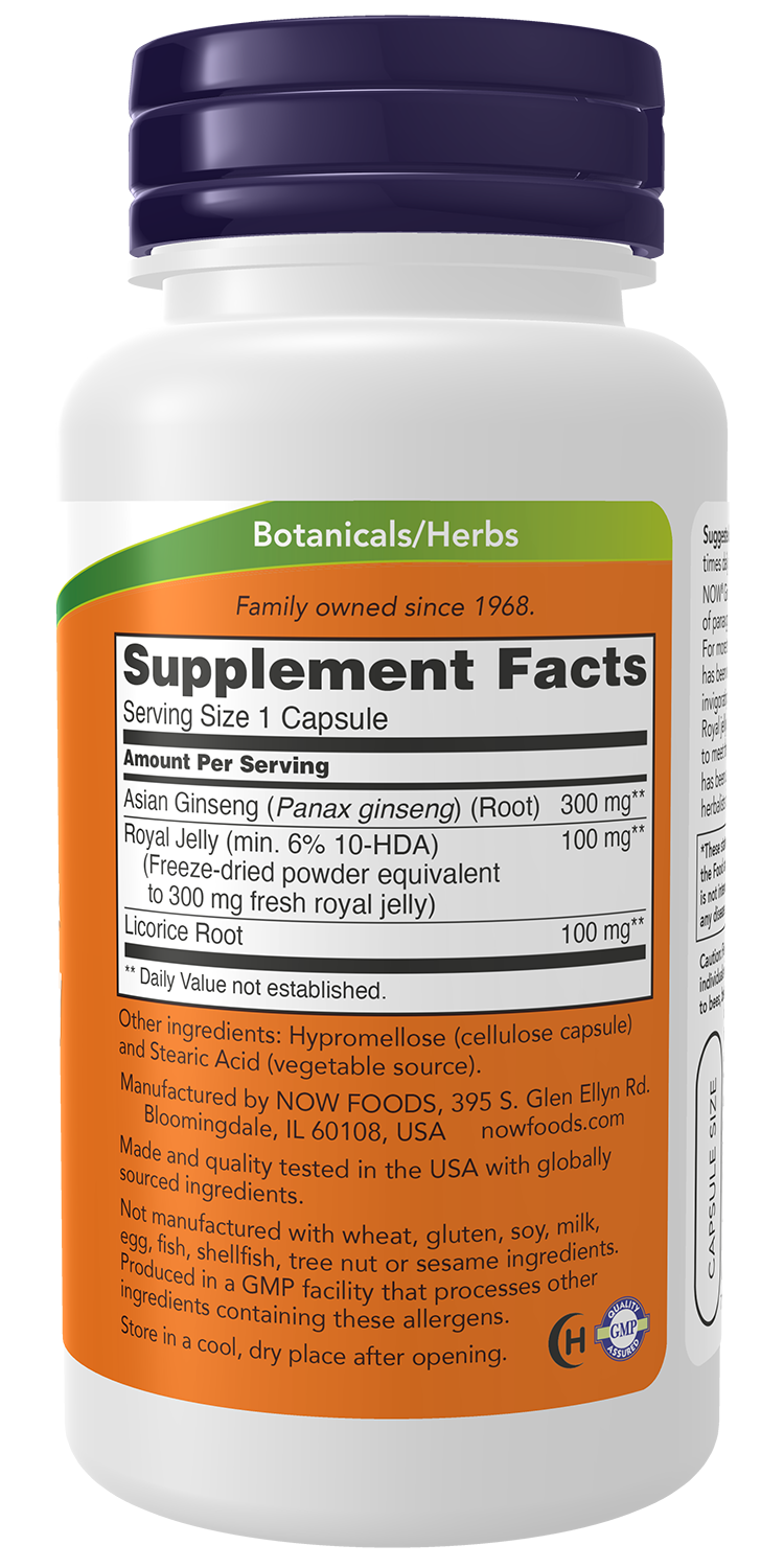 NOW Supplements, Ginseng & Royal Jelly with Licorice Root, Adaptogenic Blend*, 90 Capsules