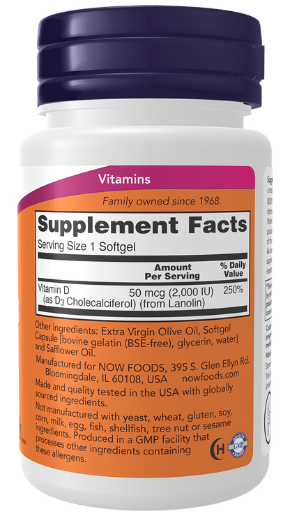 NOW Supplements, Vitamin D-3 2,000 IU, Structural Support*, 30 Softgels