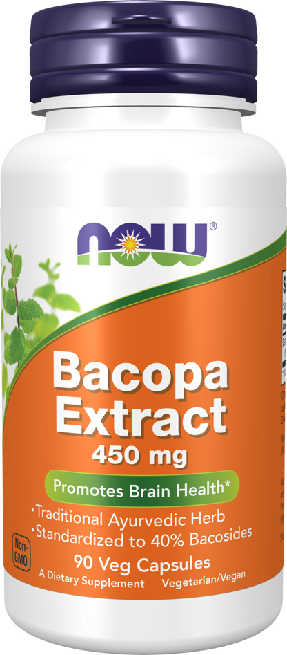 NOW Supplements, Bacopa Extract 450 mg, Brain Health*, 90 Veg Caps