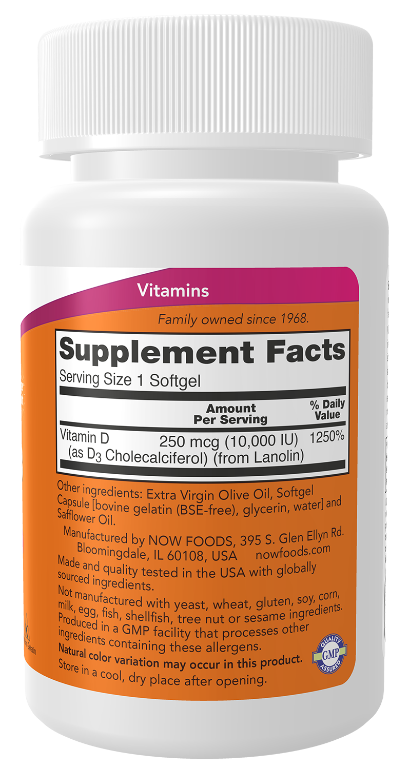 NOW Supplements, Vitamin D-3 10,000 IU Softgels, 240 Softgels