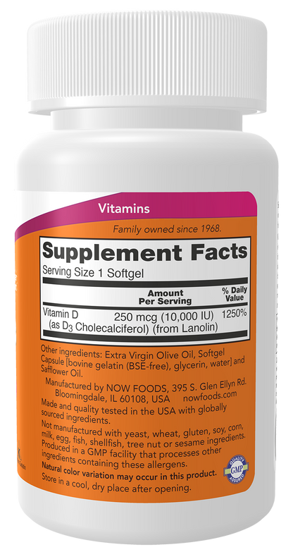 NOW Supplements, Vitamin D-3 10,000 IU Softgels, 240 Softgels