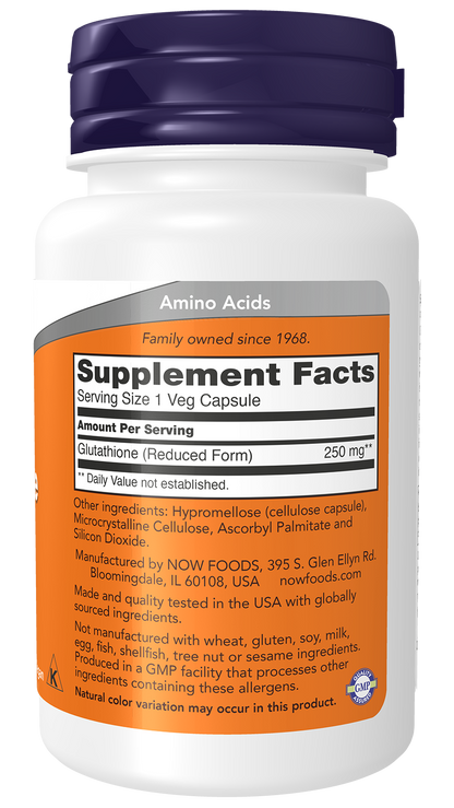 NOW Supplements, Glutathione 250 mg, Detoxification Support*, 60 Veg Caps