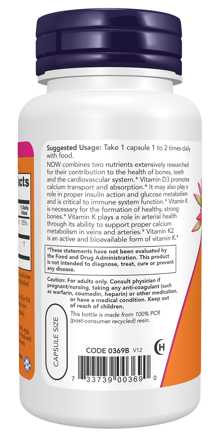 NOW Supplements, Vitamin D-3 & K-2, 1,000 IU/45 mcg, 120 Veg Caps