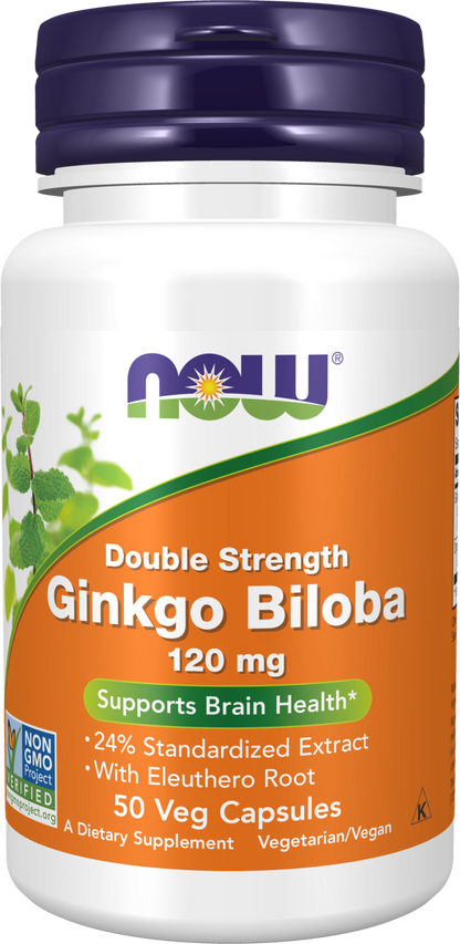 NOW Supplements, Ginkgo Biloba 120 mg, Double Strength, 50 Veg Caps