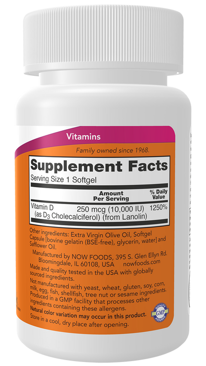 NOW Supplements, Vitamin D-3 10,000 IU, Structural Support*, 120 Softgels