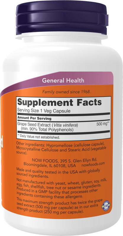 NOW Supplements, Grape Seed Extract, Maximum Strength 500 mg, 90 Veg Caps