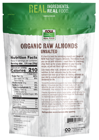 NOW Foods, Certified Organic Almonds, Raw, Unsalted, Protein & Fiber, 12 oz