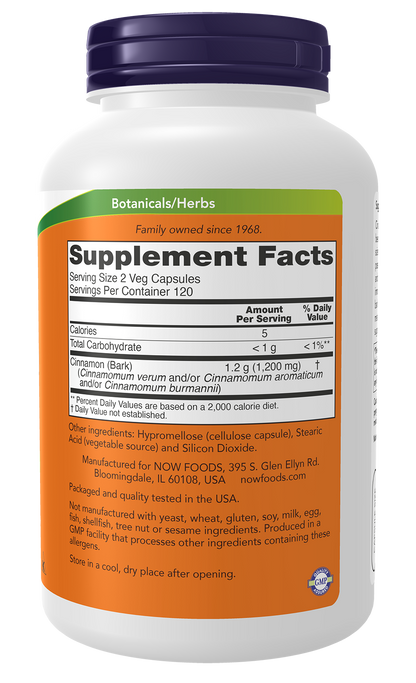 NOW Supplements, Cinnamon Bark 600 mg, Non-GMO Project Verified, Healthy Glucose Metabolism*, 240 Veg Capsules