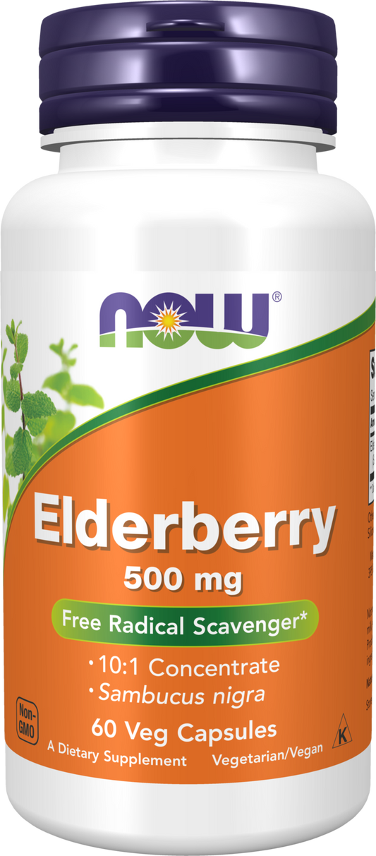 NOW Supplements, Elderberry (Sambucus nigra) 500 mg, 60 Veg Caps