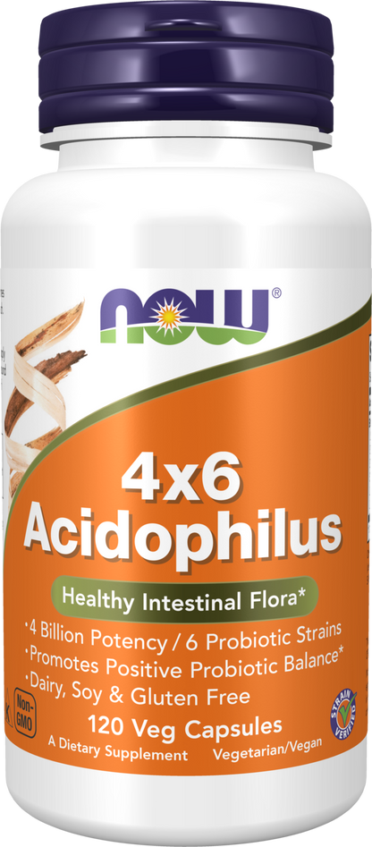NOW Supplements, Acidophilus 4X6, 4 Billion,  6 Strains, 120 Veg Caps