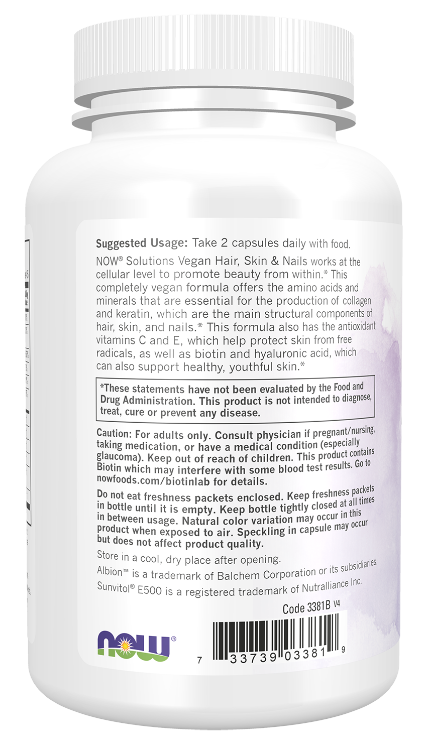 NOW Solutions, Vegan Hair, Skin & Nails, With 5,000 mcg Biotin, 90 Veg Caps
