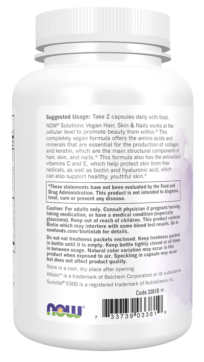 NOW Solutions, Vegan Hair, Skin & Nails, With 5,000 mcg Biotin, 90 Veg Caps