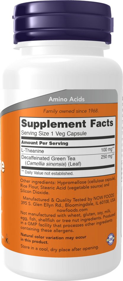 NOW Supplements, L-Theanine 100 mg with Decaf Green Tea, 90 Veg Caps