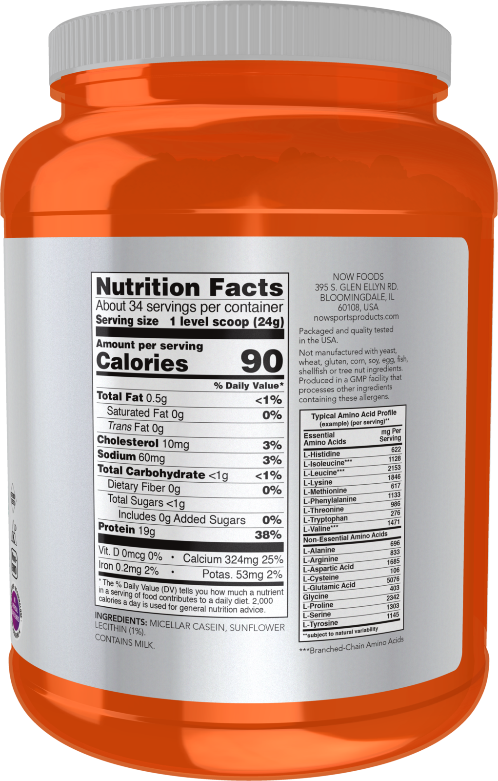 NOW Sports, Casein Protein 19 g, Micellar Casein, Unflavored Powder, 1.8 lb