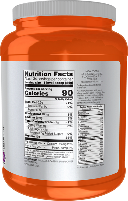NOW Sports, Casein Protein 19 g, Micellar Casein, Unflavored Powder, 1.8 lb