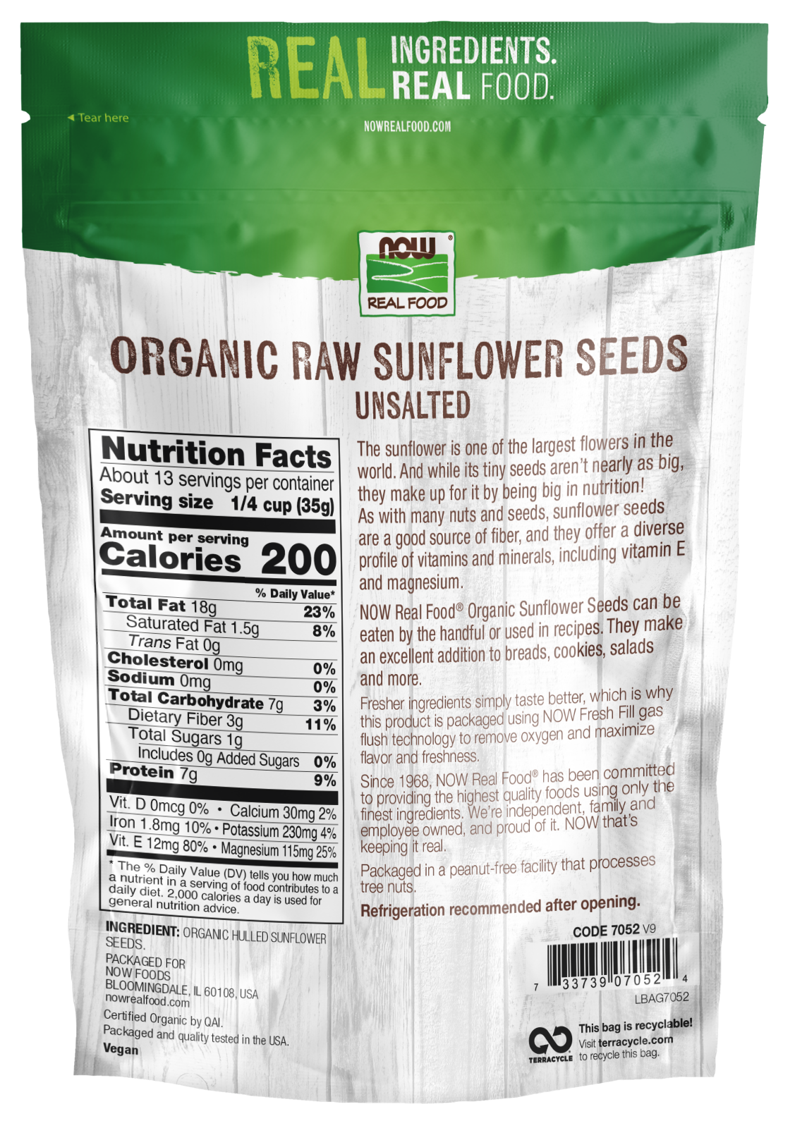 NOW Foods, Certified Organic Sunflower Seeds, Raw, Unsalted, 16 oz