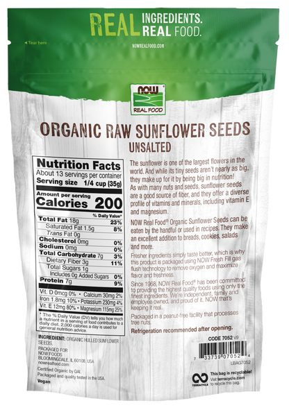 NOW Foods, Certified Organic Sunflower Seeds, Raw, Unsalted, 16 oz