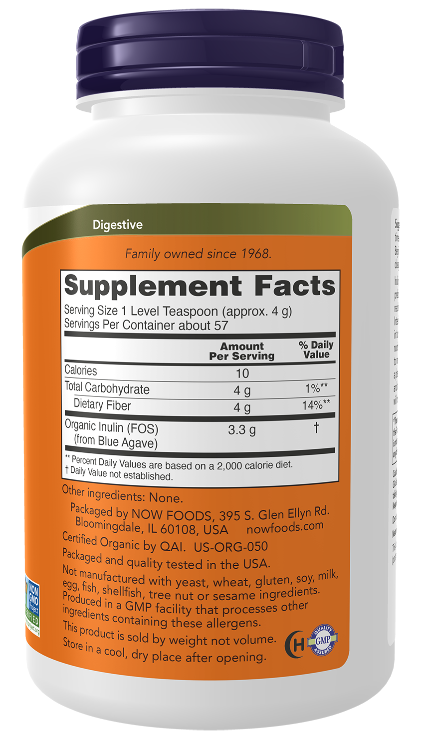 NOW Supplements, Inulin Prebiotic Pure Powder, Certified Organic, 8 oz