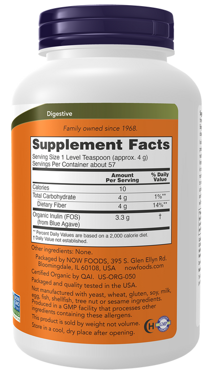 NOW Supplements, Inulin Prebiotic Pure Powder, Certified Organic, 8 oz