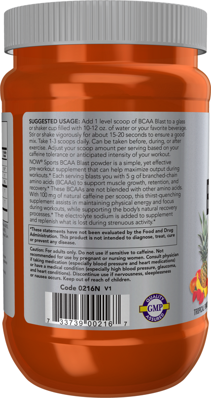 NOW Sports, BCAA Blast Powder, 5g, 100 mg Caffeine, Tropical Punch, 600 g