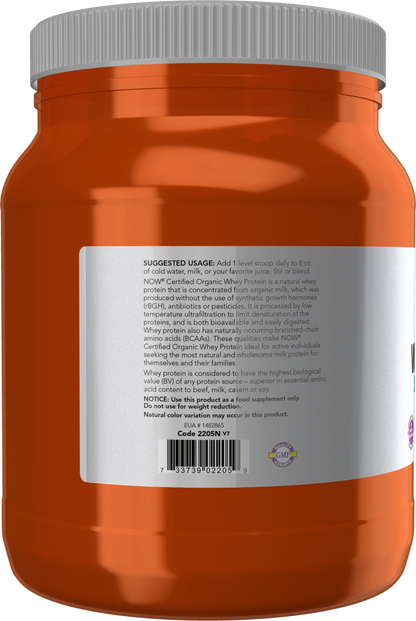 NOW Sports, Certified Organic Whey Protein 19g, Unflavored Powder, 1 lb