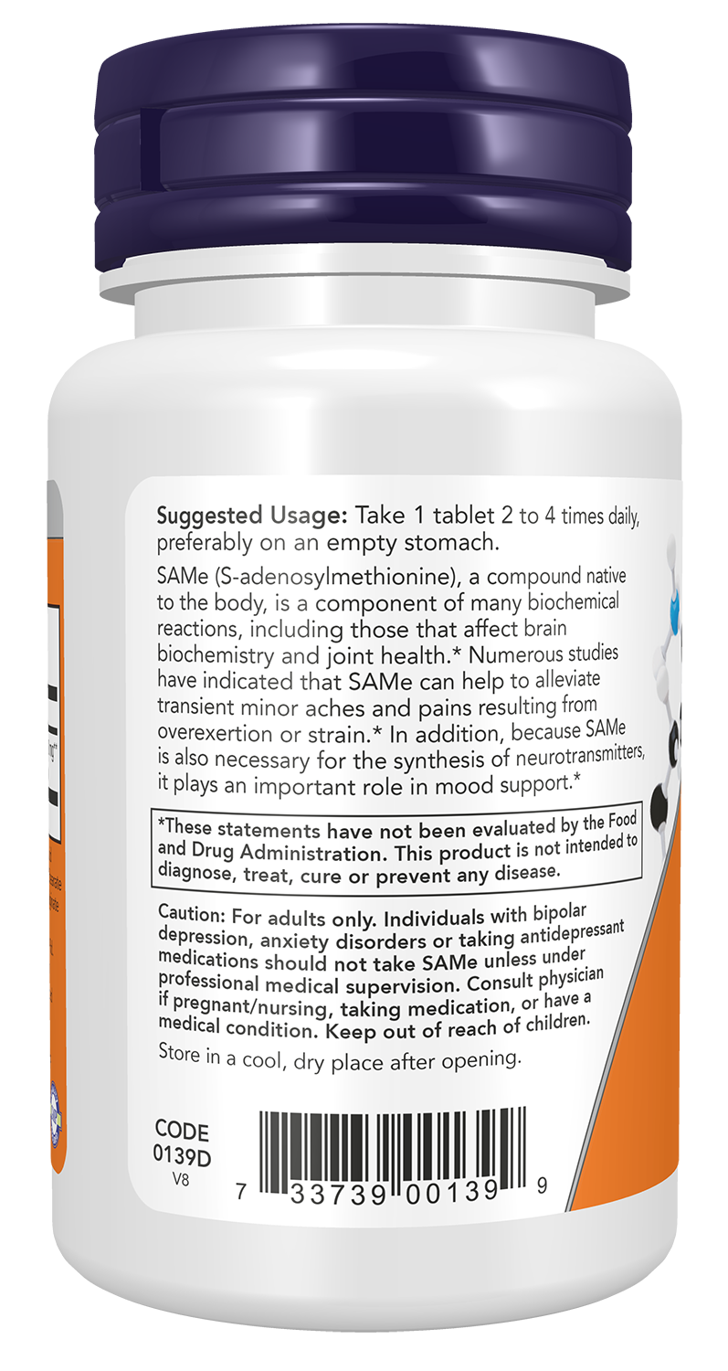 NOW Supplements, SAMe 400 mg, Nervous System Support*, 30 Tabs