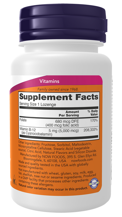 NOW Supplements, Vitamin B-12 5,000 mcg, With Folic Acid, 60 Lozenges
