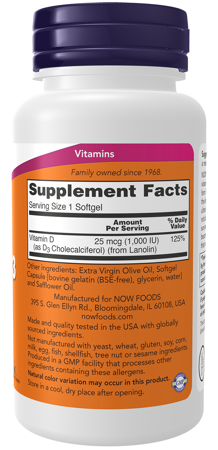 NOW Supplements, Vitamin D-3 1,000 IU, Structural Support*, 180 Softgels