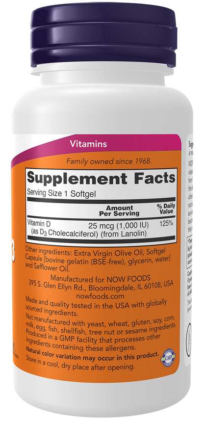 NOW Supplements, Vitamin D-3 1,000 IU, Structural Support*, 180 Softgels