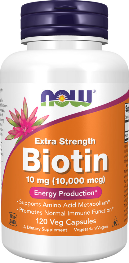 NOW Supplements, Biotin 10 mg (10,000 mcg), Extra Strength, 120 Veg Caps
