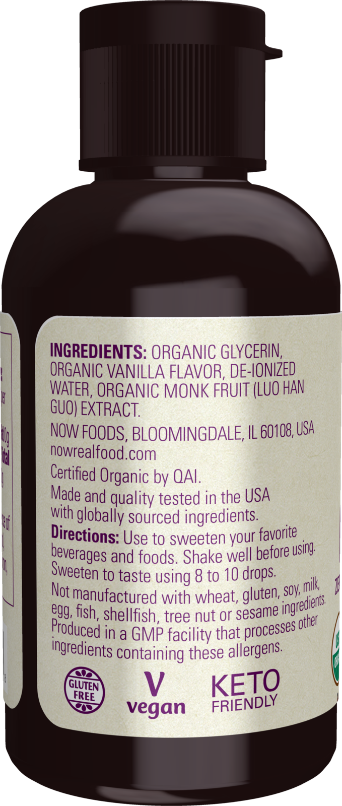 NOW Foods, Organic Liquid Monk Fruit, Vanilla, Zero-Calorie, 1.8  fl. oz