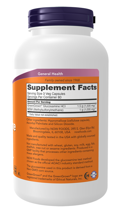 NOW Supplements, Vegetarian Glucosamine & MSM, w/ GreenGrown®, 240 Veg Caps